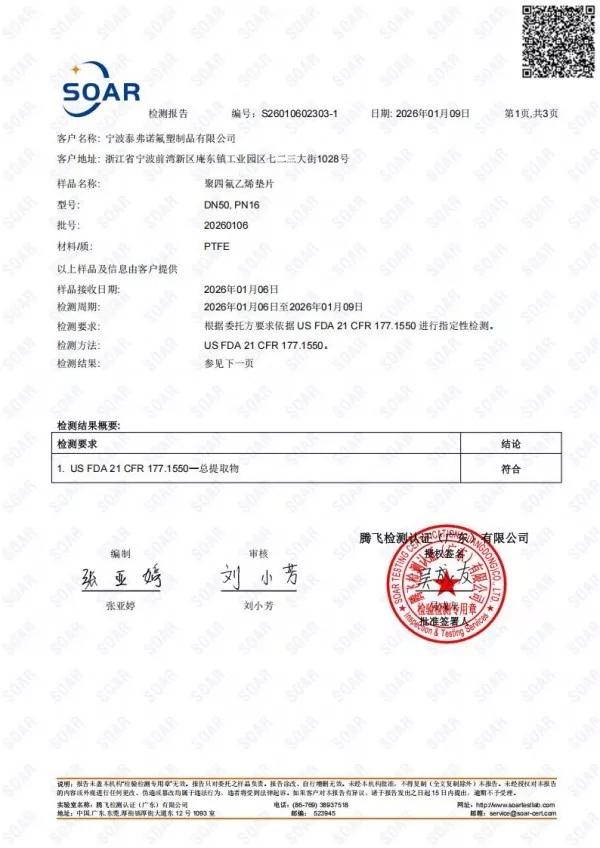 PTFE Gasket US FDA 21 CFR 177.1550 Test Report